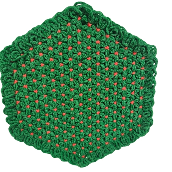 Vintage Crocheted Christmas Green & Red Placemat Trivets & Coaster Set of 7 G70 - Picture 3 of 6